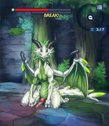 anthro cygames dragalia_lost dragon genitals hi_res high_midgardsormr_(dragalia_lost) horn hud kneeling looking_at_viewer lytta_the_bug male midgardsormr_(dragalia_lost) nintendo pecs penis scalie solo text user_interface western_dragon wings