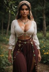 , 1girls, ai_generated big_breasts, black_hair, busty, cleavage, earrings, gypsy, head, headscarf, nature, necklace, thick_thighs