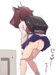 ass backpack bag black_bag blk-elk brown_hair female from_behind headgear highres japanese_clothes kimono motion_lines panties panty_pull peeing peeing_self randoseru skirt solo sound_effects touhoku_kiritan twintails underwear voiceroid white_background