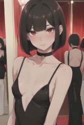 ai_generated bare_shoulders blush braless choker cute dark_hair dress elegant female looking_at_viewer party red_eyes short_hair stable_diffusion straps