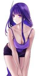 1girls 2020s 2021 applekun bare_arms bare_shoulders breasts casual cleavage collarbone denim_shorts female genshin_impact highres large_breasts leaning_forward light-skinned_female purple_eyes purple_hair raiden_shogun short_shorts shorts single_braid solo tank_top thighhighs