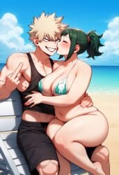 1boy 1girls age_difference ai_generated artist_name artist_request bakugou_katsuki bikini blonde_hair blonde_hair_male blonde_male boku_no_hero_academia cleavage clothed clothed_male clothing female flipping_off friends_mother green_eyes green_hair green_hair_female inko_midoriya katsuki_bakugou kissing lipstick lipstick_mark male male/female middle_finger midoriya_inko milf muscular muscular_male my_hero_academia older_female older_woman_and_younger_boy on_lap red_lipstick rivals_mother sitting_on_lap spiky_hair straight thick_thighs voluptuous voluptuous_female