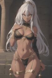 ai_generated barely_clothed belly_button confident egyptian female hips jewelry looking_at_viewer perfect_body saggy_breasts silver_hair stable_diffusion thighs toned toned_female white_hair yellow_eyes