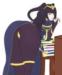 1girls alternate_version_available ass bangs bent_over black_hair black_nails bodystocking book book_stack breasts brown_eyes clothed clothing female fire_emblem fire_emblem_awakening kraha large_ass long_hair looking_at_viewer looking_back nail_polish nintendo sideboob smile solo tharja_(fire_emblem)