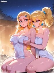 2girls ai_generated blonde_hair blue_eyes breast_grab breasts cleavage difuxer female female_only green_eyes hot_spring large_breasts light-skinned_female light_skin looking_at_viewer mario_(series) princess_peach princess_zelda the_legend_of_zelda thick_thighs thighs towel wide_hips