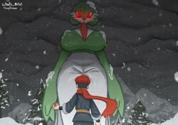 1boy 1girls alpha_pokémon anthro anthro_female big_breasts bigger_female breasts clothed clothed_male gardevoir generation_3_pokemon giant_female giant_woman giantess glowing_eyes glowing_red_eyes height_difference human human_male larger_female looking_down looking_down_at_another mini_giantess pokemon pokemon_(species) pokemon_legends:_arceus red_eyes shorter_male size_difference smaller_male staring_down trash_artist01