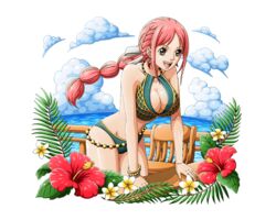 artist_request big_breasts breasts chair cleavage female female_only green_swimsuit legs one_piece one_piece_treasure_cruise pink_eyes pink_hair rebecca_(one_piece) solo teen teenage_girl teenager tied_hair voluptuous_teen water