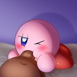 2023 bedroom black_male blowjob blue_eyes blush blush_lines chibi erection kirby kirby_(series) licking nintendo nixkirb18 penis pink precum