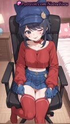 1girls ;p ai_generated animal_ear_headwear animal_ears animal_hat anime anime_style asian bangs bed bedroom black_eyes black_hair blue_eyes blue_gloves blue_headwear blue_skirt blush bottomless bow breasts bust busty cabbie_hat cappie_(miside) chair choker cleft_of_venus closed_mouth clothing collarbone cool_mita_(miside) crop_top cropped_shirt east_asian facial_mark fake_animal_ears female female_focus female_only gloves grey_eyes hat hi_res high_quality high_resolution highres indoors lamp legwear lips long_sleeves looking_at_viewer medium_breasts medium_hair midriff miniskirt miside mita_(miside) natsuyoru navel no_panties no_shoes on_bed on_chair one_eye_closed pillow pleated_skirt puffy_long_sleeves puffy_sleeves pussy red_bow red_choker red_collar red_gloves red_legwear red_shirt red_sweater red_thighhighs shirt sitting skirt smile solo solo_female stockings swivel_chair thigh_gap thighhighs tongue tongue_out uncensored vagina voluptuous voluptuous_female wooden_floor