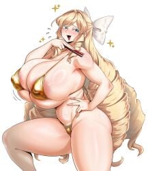 2024 blonde_hair blue_eyes curvy drill_hair exabyte gigantic_breasts gold_bikini hair_bow hand_on_hip holding_fan nose_blush ojou-sama_pose one_arm_up one_leg_up pubic_hair quad_drills smug thick_thighs voluptuous white_bow wide_hips