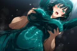 1boy 1girls ai_generated big_breasts blush color drees female fubuki_(one-punch_man) grabbing_breasts green_eyes green_hair hand_on_breast hi_res large_breasts light-skinned_female light_skin looking_at_viewer male male/female one-punch_man short_hair tagme thick_thighs