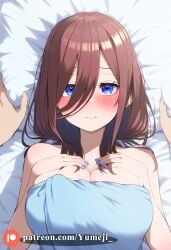 1boy 1girls ai_generated bed blue_eyes blue_nails blush breasts brown_hair go-toubun_no_hanayome hands_on_breasts large_breasts laying_on_bed looking_at_viewer nakano_miku towel yumeji_