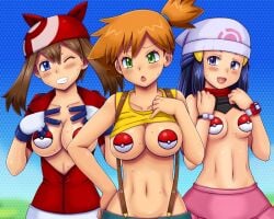 3girls asymmetrical_hair bandana beanie blue_eyes blue_hair blush breasts brown_hair cleavage clothes_lift covering_nipples covering_privates creatures_(company) dawn_(pokemon) game_freak gloves green_eyes grin hair_ornament hat kasumi_(pokemon) large_breasts long_hair looking_at_viewer may_(pokemon) medium_breasts midriff misty_(pokemon) multiple_girls navel nintendo nipples no_bra one_eye_closed open_clothes open_mouth open_shirt orange_hair poke_ball poke_ball_(basic) pokemon pokemon_(anime) pokemon_dppt pokemon_rgby pokemon_rse ponytail shirt shirt_lift short_hair shorts side_ponytail skirt small_breasts smile suspenders sweat tsumitani_daisuke v watch wink