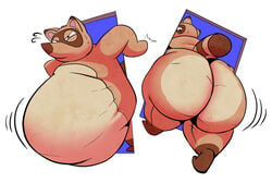 1boy animal_crossing anthro ass brown_fur fat furry large_ass looking_back male male_focus male_only nintendo nude nude_male overweight overweight_male sharkvore solo solo_male struggle struggling struggling_to_fit tanuki tanuki_tail thick_thighs thighs tom_nook white_background