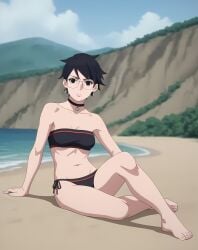 1girls ai_generated barefoot beach bikini boruto:_two_blue_vortex choker earrings female_only frowning glasses looking_at_viewer medium_breasts naruto naruto_(series) sarada_uchiha short_hair solo_female teenage_girl teenager