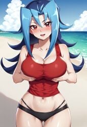 abdomen ai_generated beach_background blue_hair blush duelistmuser female grabbing_own_breast huge_breasts kamishiro_rio long_hair looking_at_viewer navel open_mouth red_eyes rio_kamishiro solo sweatdrop yu-gi-oh! yu-gi-oh!_zexal