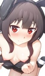 ai_generated blush breast bunny_costume bunny_ears bunny_tail face_focus female little_breasts loli lolita_channel looking_at_viewer megumin nipples red_eyes short_hair showing_breasts solo