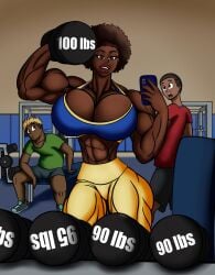 abs african african_female afro biceps big_breasts big_lips bigger_female buff_female dakota_(tomkat96) dark-skinned_female deltoids dumbbell flexing_bicep forearms gym gym_clothes large_breasts muscular muscular_arms muscular_female posing quads selfie shocked_expression showing_off sports_bra strong_woman taller_female thick_thighs tight_clothing tight_pants tomkat96 turned_on weak_male weights working_out