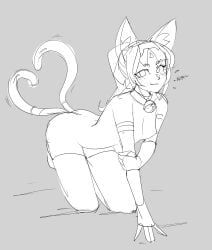 427deer bangs bell_collar blush breasts breasts_out cat_ears cat_tail catgirl collar dialogue female female_only gloves hanging_breasts inner_ear_fluff kneeling leaning_forward legwear long_gloves looking_at_viewer nekomimi ponytail sketch small_breasts smile smirk smirking_at_viewer solo solo_focus tail text thighhighs