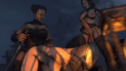 2futas arm_behind_back black_hair blood bouncing_breasts braided_hair clouds dawnguard dead_body defeated double_bun female futanari_masturbation helmet holding_arm holding_weapon lantern large_breasts mother_and_daughter night pointless_clothing precum precum_on_penis rape raped_by_enemy serana skyrim smile smug tree valerica vampire weapon yellow_eyes