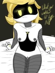 blonde_hair cyn_(murder_drones) english_text female looking_at_viewer murder_drones robot robot_girl robot_humanoid sitting small_breasts smug smug_face text yellow_eyes