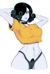 1girls arms_behind_head black_hair black_pubic_hair cameltoe choker clothed crop_top curvy female grey_skin hair_over_one_eye large_breasts navel pubic_hair pubic_hair_peek short_hair solo spookiarts tagme white_background