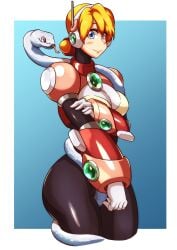 1girls alia big_ass big_breasts black_bodysuit blonde_hair blue_background blue_eyes blush hand_on_hand hand_under_breasts kotatuman_dash mega_man mega_man_x robot_girl short_hair snake white_background white_gloves