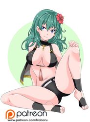 1girls alternate_costume alternate_hair_color bikini black_bikini black_swimsuit breasts byleth_(fire_emblem) byleth_(fire_emblem)_(female) byleth_(summer)_(fire_emblem)_(female) female fire_emblem fire_emblem:_three_houses green_hair hair_flower nintendo noboru_revista official_alternate_costume solo swimsuit