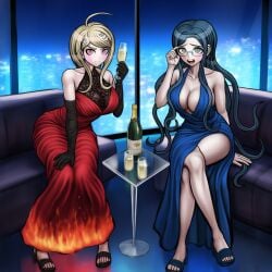 2girls ai_generated akamatsu_kaede champagne cow-ede_akamatsu danganronpa dress huge_breasts long_legs revealing_clothes shirogane_tsumugi tagme