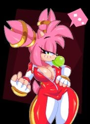 2d 2d_(artwork) 2d_artwork amy_rose big_breasts cleavage_cutout clothed_female dredz dredzkai eyelashes fingerless_gloves flushed_face green_eyes gum gumball_(candy) half-closed_eyes hedgehog hedgehog_girl hedgehog_humanoid hourglass_figure juri_han juri_han_(cosplay) looking_at_viewer pink_fur pixel_(artwork) pixel_art red_latex_suit sonic_(series) sonic_the_hedgehog_(series) street_fighter thick_ass thick_hips thick_thighs tight_clothing twintails zipper zipper_down