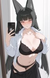 1girls anthro black_hair blush bra breasts busty cleavage curvy_body female female_only fox_ears fox_girl hi_res hoshimi_miyabi large_breasts long_hair mirror mirror_selfie panties selfie skirt solo unbuttoned underwear zenless_zone_zero