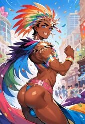 1femboy ai_generated carnival carnival_outfit dark-skinned_femboy dark_skin femboy jokerofhearts pride_color_clothing pride_colors solo