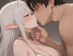 1boy 1girls ai_generated blank_background elf elf_ears elf_female elf_girl faceless_male holding_chin human_male kissing light-skinned_female light-skinned_male male_human/female_elf red_eyes white_hair