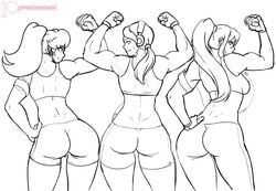 3girls back black_and_white crossover flexing looking_at_viewer looking_back mario_(series) metroid muscular_female nintendo princess_daisy samus_aran wii_fit wii_fit_trainer zeromomentai