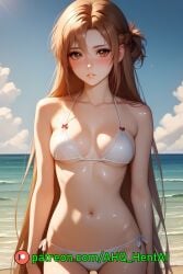 1girls ahq_hentai ai_generated beach bikini blush brown_eyes brown_hair female medium_breasts patreon perfect_body stable_diffusion standing sword_art_online wet yuuki_asuna