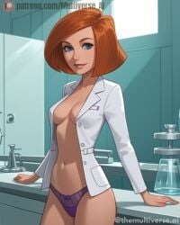 ai_generated ann_possible blue_eyes female kim_possible labcoat multiverseai open_labcoat panties purple_panties red_hair solo