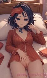 ai_generated artifox blue_eyes blue_hair bob_cut choker hi_res high_resolution highres laying_on_bed looking_at_viewer miside mita_(miside) no_panties pussy red_topwear room showing_pussy sleep_mask sleepy_mita_(miside) uncensored watermark