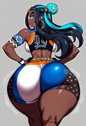 ai_generated armlet ass ass_focus back bare_shoulders bikini black_hair blue_eyes blue_hair blush bra breasts clothing crop_top curvaceous dark-skinned_female dark_skin earrings eyelashes female female female_only from_behind gloves hair_bun hands_on_hips hoop_earrings huge_ass huge_breasts jewelry large_ass large_breasts long_hair looking_at_viewer looking_back makeup multicolored_hair nessa_(pokemon) pokemon pokemon_(game) shiny_skin short_shorts shorts sideboob smile solo sports_bra sportswear standing swimsuit tankini thick_ass thick_thighs thighs tied_hair two-tone_hair underwear very_dark_skin wide_hips