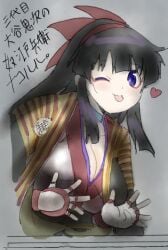 1girls ainu_clothes big_breasts black_hair blush breasts busty cleavage cute female female_only fingerless_gloves gloves hair_ribbon hi_res highres japanese_clothes japanese_text king_of_fighters large_breasts long_hair looking_at_viewer makeup nakoruru one_eye_closed pose posing purple_eyes ribbon samurai_shodown smile snk solo tongue tongue_out traditional_media traditional_media_(artwork) translation_request voluptuous wink