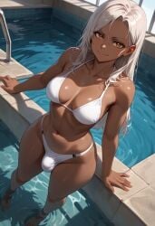 1futa ai_generated dark-skinned_futanari dark_skin from_above futa_only futanari hazel_eyes jamesbron leaning long_hair looking_at_viewer medium_breasts navel partially_submerged penis_bulge smile solo solo_futa standing swimming_pool swimsuit swimwear thick_thighs thighs white_hair wide_hips