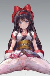 1girls ainu_clothes arm_support big_breasts black_hair blue_eyes breasts busty come_hither female female_only fingerless_gloves gloves hair_ribbon hi_res highres king_of_fighters large_breasts legs long_hair looking_at_viewer nakoruru nipples no_panties pants parted_lips pussy pussy_peek ribbon samurai_shodown see-through_clothes sitting snk solo spread_legs thighs tongue unzipped voluptuous