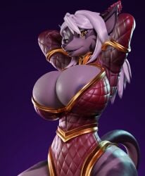 1girls 2024 2_horns 3d_(artwork) anthro areola areola_slip big_breasts biped breasts cleavage clothed clothing connivingrat digital_media_(artwork) female gradient_background hair hands_behind_head hi_res horn huge_breasts looking_at_viewer mammal multicolored_body open_mouth simple_background skimpy smile smirk solo standing suggestive_look suggestive_pose tail voluptuous voluptuous_female white_hair y'vraine_(londryx) y'vraine_(omniman907) yellow_eyes