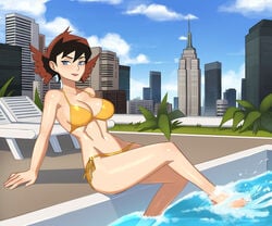 1girls 2021 avengers barleyshake big_breasts bikini blue_eyes brown_hair female female_only janet_van_dyne looking_at_viewer marvel marvel_comics pool poolside solo solo_female swimsuit tagme the_avengers:_earth's_mightiest_heroes thighs wasp_(earth's_mightiest_heroes) wasp_(marvel)