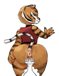 1boy 1girls 4_fingers anthro anus ass black_body black_fur black_stripes censored clothing dreamworks felid female fingers flehmen_resp_(hentaicat) kung_fu_panda looking_back mammal master_tigress orange_body orange_fur pantherine stripes tiger white_fur