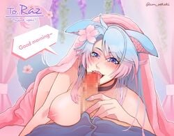 areolae blue_eyes blue_hair blush breasts censored censored_penis choker cm_oekaki commission fellatio flower_in_hair hand_on_penis indie_virtual_youtuber large_breasts licking_penis mosaic_censoring nipples oral oral_sex pink_highlights silvervale speech_bubble text_bubble two_tone_hair under_covers under_the_table virtual_youtuber vshojo wolf_ears wolf_girl