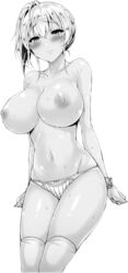 black_and_white blush doujinshi edit erect_nipples gyaru large_breasts monochrome okumoto_yuuta original_character panties presenting_breasts render short_hair solo_female sweat thighhighs transparent_background