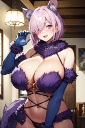 1girls ai_generated animal_ears bikini blush breasts fate/grand_order fate_(series) female fur_bikini hair_over_one_eye hi_res huge_breasts light-skinned_female light_skin long_gloves mash_kyrielight mash_kyrielight_(dangerous_beast) pink_hair purple_eyes short_hair smile stable_diffusion thighhighs