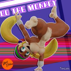 1girls 3d 3d_(artwork) anthro ape big_breasts blonde_hair blue_eyes breakdancing breasts brown_fur dancing donkey_kong_(series) donkey_kong_country female female_only handstand kong naked nintendo nipples nude nude_female painted_nails pussy simian solo tagme tahlian tiny_kong