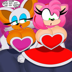 2girls 3barts amy_rose amy_the_bat anthro breasts cleavage dialogue female female_only green_hair huge_breasts multiple_girls neckline pink_hair rouge_the_bat rouge_the_bat_(cosplay) sega sonic_(series) speech_bubble thick_thighs tight_clothing tight_fit wide_hips