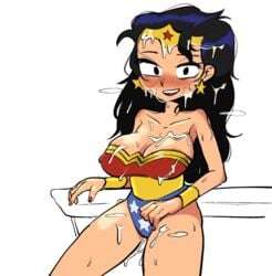 1girls big_breasts black_eyes black_hair blush breasts cum cum_on_body cum_on_breasts dc dc_comics earring eyelashes facial flehmen_resp_(hentaicat) light-skinned_female light_skin long_hair nails red_nails teen_titans_go wonder_woman wonder_woman_(series) wonder_woman_(teen_titans_go)